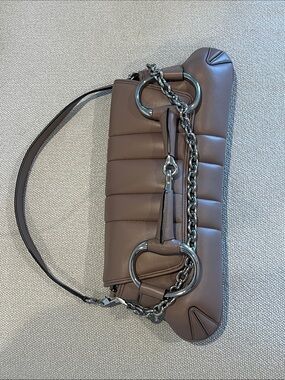 Gucci Horsebit Leather Shoulder Bag in Taupe with Chain Detail